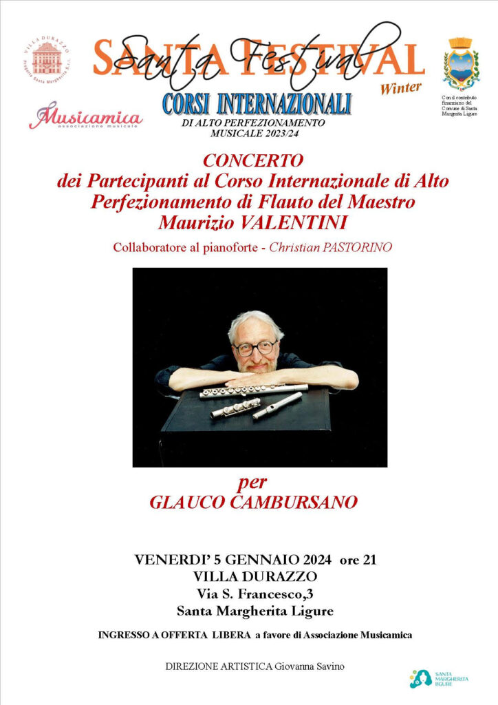 Concerto di flauti a Villa Durazzo con i giovani talenti del corso del Maestro Maurizio Valentini. 5 gennaio ore 21 a Santa Margherita Ligure