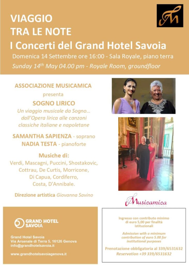 Sogno Lirico con Samantha Sapienza e Nadia Testa-Locandina concerto 14 settembre 2025 al Grand Hotel Savoia di Genova